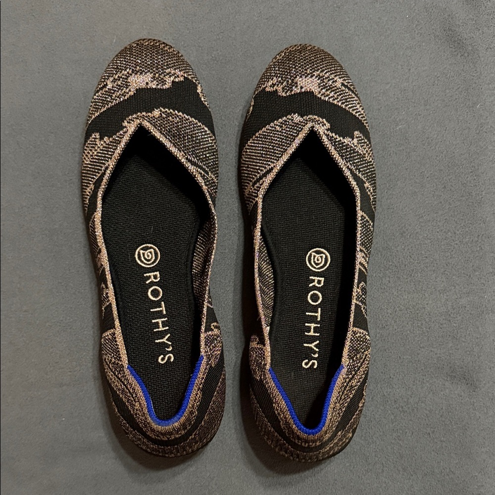 EUC Rothy's Black and Brown Patterned Sparkly Flats size 8.5